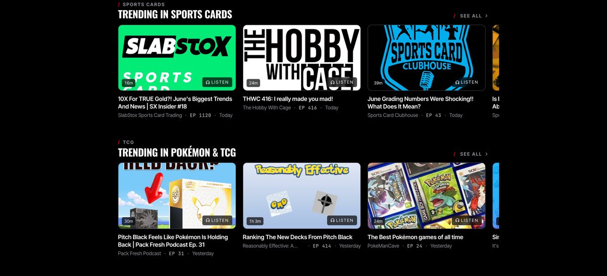 The Collector Nation podcast hub — trending rails for sports cards and Pokémon/TCG shows with new episodes