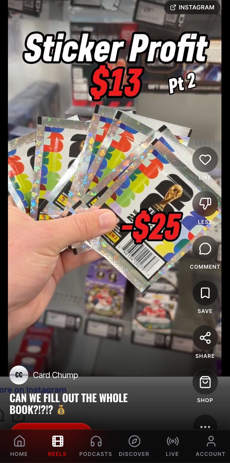A reel playing in the Collector Nation app — a creator fans out sticker packs, with like, comment, save and share actions
